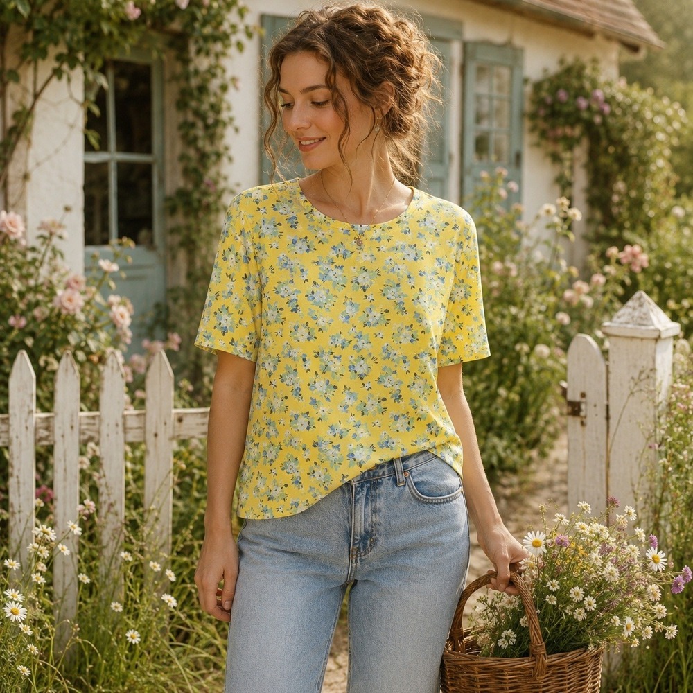 Denim & Co Women Yellow Floral Short Sleeve Top Medium Cottagecore Shirt NEW